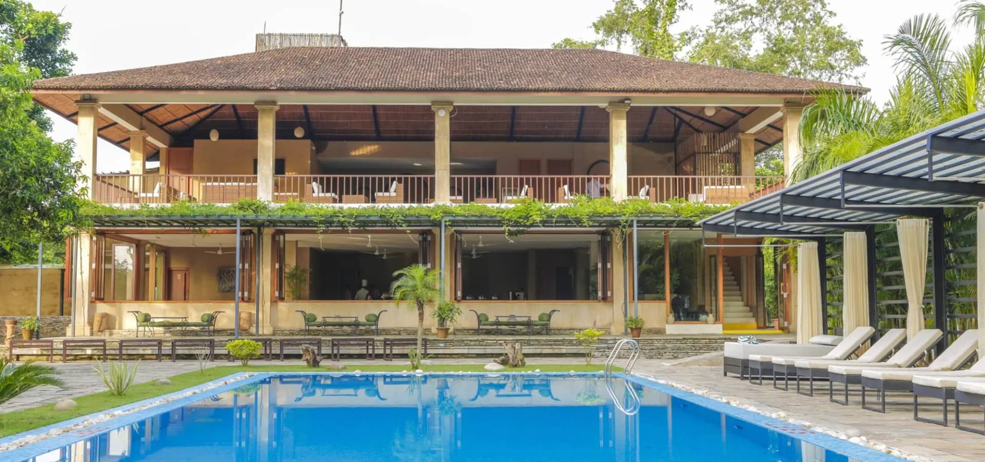 Swimming pool and lodge surrounded by sal forest in Chitwan